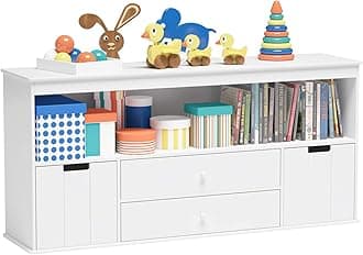 Timy 51.9" Toy Storage Organizer with 2 Drawers, Wooden Toy Organizer Bins, Kids Bookshelf for Reading, Storing, Playing, White