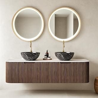 60" Floating Bathroom Vanity with Sink, Wall-Mount Cabinet with 2 Large Storage Drawer, 2 Black Bowl Ceramic Basins and Marble Top, Soft-Close Design, Dark Walnut