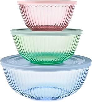 Pyrex Colors Tinted (3-Pack, Full Set) Sculpted Tinted Glass Mixing Bowls With Lids, Nesting Space Saving Set of Bowls For Prepping and Baking, 1.3QT, 2.3QT & 4.5Q, Blue