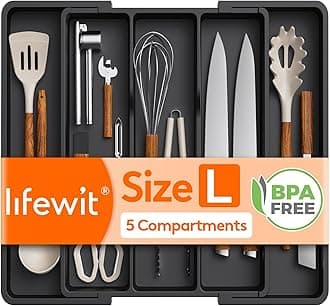 Utensil Drawer Organiser, Extendable Cutlery Tray for Kitchen, Adjustable Silverware Flatware Holder, Plastic Kitchen Spatula Tools and Gadgets Storage Divider, Large, Black