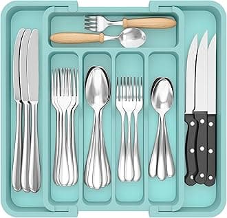 Lifewit Silverware Drawer Organizer, Expandable BPA Free Utensil Tray for Kitchen, Adjustable Flatware and Cutlery Holder for Spoons Forks Knives, Plastic Kitchen Organizers and Storage, TurquoiseRecycled Claim Standard 100