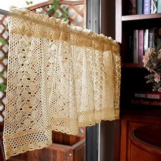 Rustic Boho Curtain Valance for Kitchen Window Farmhouse Handmade Crochet Curtain Tiers for Coffee Decor Room Divider Rod Pocket Hollow Short Lace Curtains for Bathroom Closet 1 Panel W39 X L17 Inch