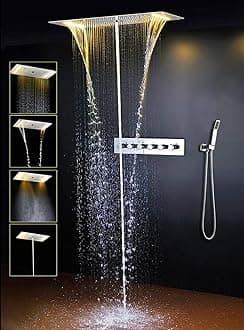 Cascada Vaticano LED Modern Shower System | Multi-Functions Shower head with Handheld Shower | Ceiling Mount | 15"x28" | 6-Knob Thermostatic Valve (Oil Rubbed Bronze)