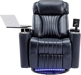 270 Degrees Power Swivel Recliner,Home Theater Seating With Hidden Arm Storage and LED Light Strip,Cup Holder,360 Degrees Swivel Tray Table,and Cell Phone Holder,Soft Living Room Chair,Blue (Blue5)