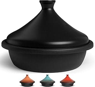 Kook Moroccan Tagine, Preseasoned Cast Iron Cooking Pot, Tajine with Ceramic Cone-Shaped Closed Lid, 3.3 QT (Matte Black)