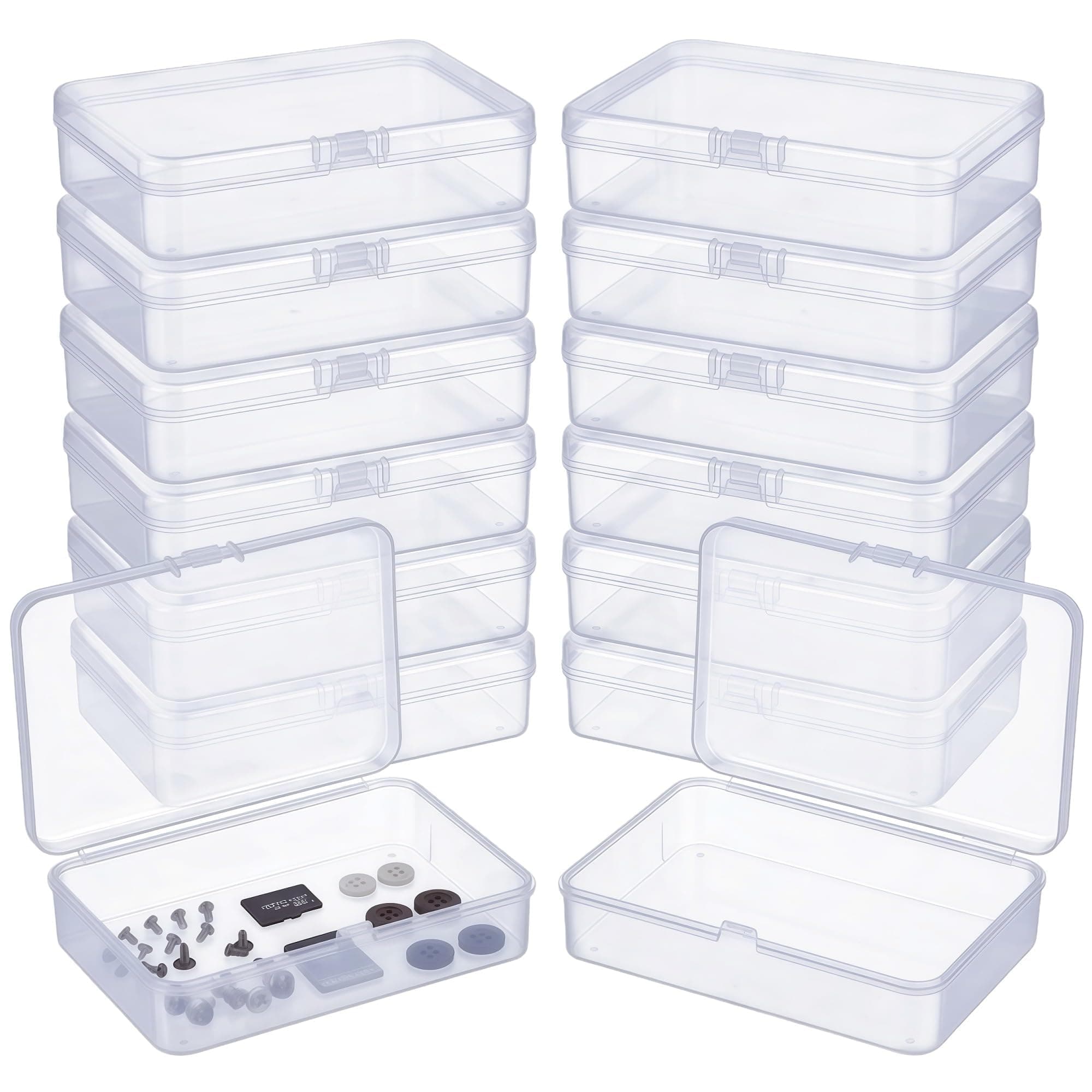 – LJY 12 Pack Plastic Storage Boxes with Lids 11.5 x 8.5 x 2.8 cm – Clear Rectangular Small Containers for Diamond Art Accessories, Beads, Crafts and Hardware, Stackable Organiser Box Set
