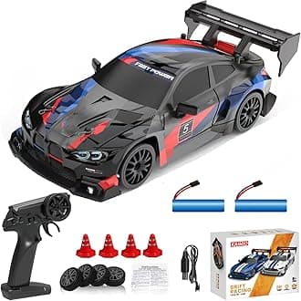 KAIMIO 1:24 Scale RC Drift Car 4WD 2.4GHz 30KM/H High Speed Racing Sport Toy Car with LED Lights, Racing and Drift Wheels (8607-Black)