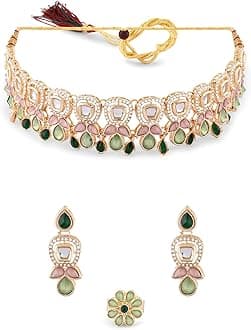Green Pink Stones Austrian Diamonds Embellished Choker Necklace Earring & Ring Set For Women-ZPFK17672
