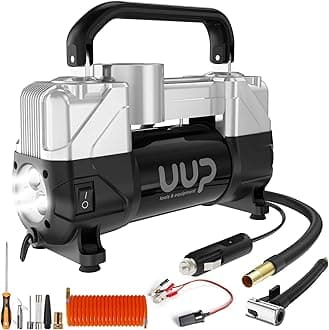 UUP Tire Inflator Air Compressor, 150PSI 12V DC Double Cylinders Heavy Duty Portable Air Pump w/Emergency LED Light for Truck, SUV, Car, RV (black1)