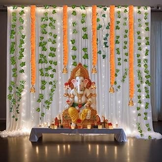 15 Pieces Backdrop Decoration Set with Curtains, LED Lights, Marigold Garlands Toran with Bells for Ganpati Decoration, Diwali, Wedding/Festivals, Pooja Room, Haldi Varalaxmi