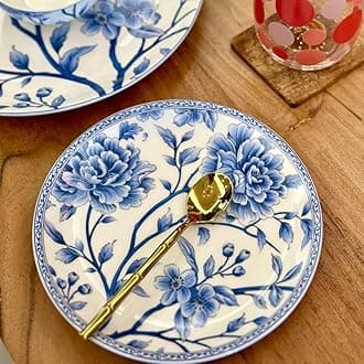 GOLDEN QUEEN'S Snack Plates Set of 4 | Perfect for Snacks, Desserts, Appetizers, Salads, Tapas, Cheese | 7 inches Wide | Microwave Safe (Saphhire Bloom)