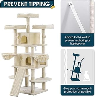 WEEWAY 68 Inches Multi-Level Large Cat Tree for Feline‌/Big Tower/Condo/Cozy Plush Kitty Perches/Fluffy Balls/Sisal Scratching Posts and Hammocks/Cave/Furniture Activity Center/Beige