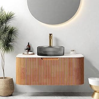 Floating 36" Bathroom Vanity with Sink, Bathroom Cabinet with Round Transparent Black Glass Basin and Marble Countertop, Large Storage Drawer, Soft-Close Design, Pre-Assembled, Nature Wood