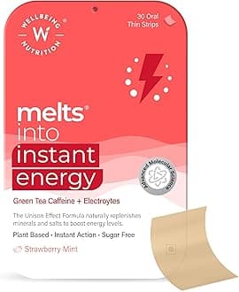 Wellbeing Nutrition Melts Instant Energy, 100% Plant Based Green Tea Caffeine, Essential Electrolytes and Vitamins for Endurance, Sports Hydration, Pre Workout Energy Boost - 30 Oral Thin Strips