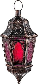 DECORKEY Ramadan Candle Lantern Decorative, Moroccan Style Vintage Decorative Hanging Lantern for Home Outdoor Patio, Metal Christmas Candle Holders (Purple)