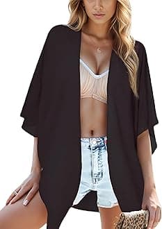 Moss Rose Women's Floral Print Solid Beach Swimsuit Kimono Cardigans Chiffon Casual Loose Open Front Cover Ups Tops - black - One Size