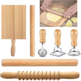 7 Pcs Pasta Making Tool Set Include (Wooden Cutter、Rolling Pin 、Gnocchi Board 、Wood with Roller、3 Ravioli Stamp Maker Cutter) for Kitchen Homemade Noodle