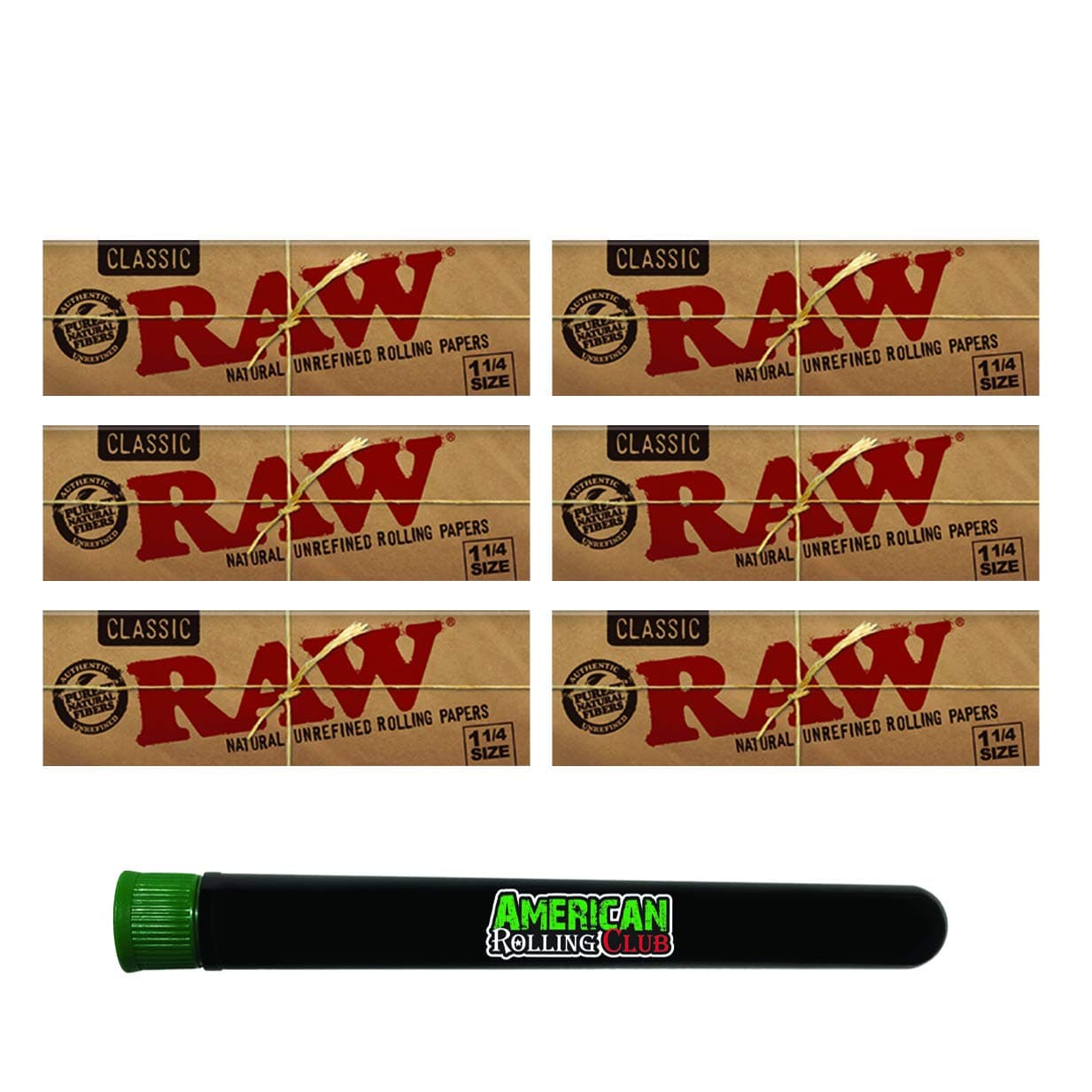 RAW Rolling Papers Classic 1 1/4 Size (6 Packs) Includes American Rolling Club Tube