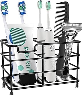 HYRIXDIRECT Toothbrush Holder Black Plating Stainless Steel Rustproof Bathroom Electric Toothbrush Holder Toothpaste Storage Organizer Multi-Functional 6 Slots Stand for Vanity,Countertops (Black-01)