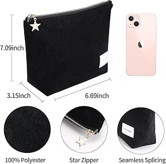 Savvy Harbor Makeup Bag Zipper Pouch Travel Cosmetic Organizer, Elegant Roomy Cosmetic Bag, Women Makeup Organizer and Travel Toiletry Bag for Gift (Corduroy Black)