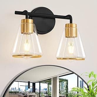Black and Gold Vanity Light - 2-Light Bathroom Light Fixture with Clear Glass Shade, Vanity Lighting Fixtures Over Mirror,14 Inch Modern Wall Sconce