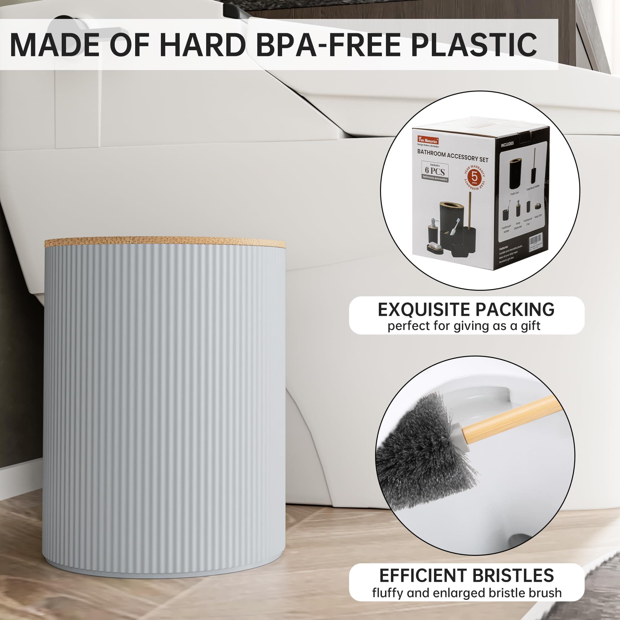 Fun Memories Bathroom Accessories Set 6 Pieces Bath Ensemble Includes Toothbrush Holder, Soap Dispenser, Toothbrush Cup, Soap Dish for Decorative Countertop and Housewarming Gift, Grey