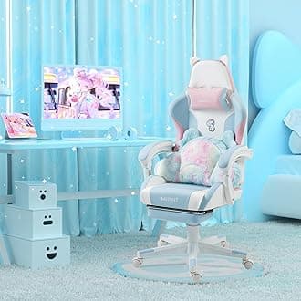 Blue and Pink Unicorn Gaming Chair with Footrest, Ergonomic Cute Gamer Chair with Cat Ears, Comfortable Desk Computer Chair for Girls