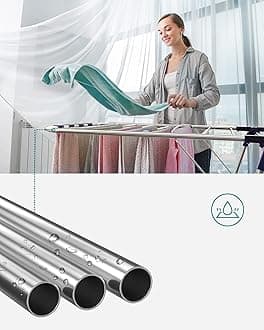 SONGMICS 2-Level Clothes Airer, Stainless Steel Drying Rack, Laundry Rack with Height-Adjustable Wings, Free-Standing Laundry Stand, for Socks, Bed Linen, Clothing, Foldable, Stable, Blue LLR53BU