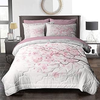 BlessLiving Spring Floral Comforter Set, 8 Pieces Bed in a Bag, Pink Sakura Cherry Flower Bedding Sets, Lightweight Comforter Set for King Bed (Comforter, Sheets, Pillowcases, Shams & Cushion Cover)