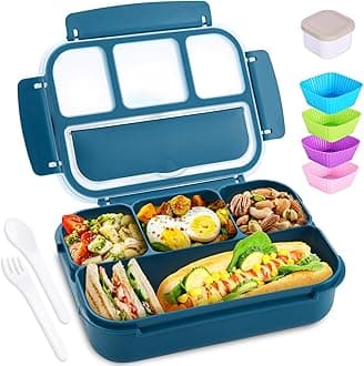 Bento Box Adult Lunch Box, Kids Lunch Containers for School with 4 Compartments, with Utensils, Sauce Jar, Muffin Liners, Microwave Safe, Navy