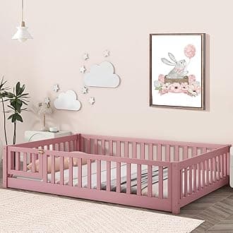 Tatub Full Size Floor Bed with Safety Guardrails and Door and Slats, Montessori Bed Frame for Girls and Boys, Wood Montessori Floor Bed for Kids, Full-Pink