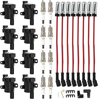 Set of 8 UF262 Round Heavy Duty Ignition Coils Pack D585 & Iridium Spark Plugs&748UU Spark Plug Wires 8mm Set Fits for Chevrolet GMC Silverado Tahoe Suburban Express Sierra Savana Escalade V8