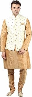 Uri and MacKenzie Men's Silk Blend Regular Kurta Churidar Pyjama with Bundi Nehru Jacket/Waistcoat