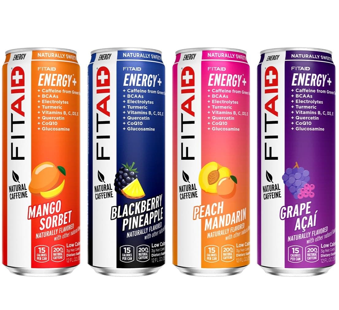 FITAID Energy, 200mg Natural Caffeine, Keto, Variety Pack, Optimum Performance Formula: BCAAs, Quercetin, Electrolytes, Omega-3s, 15 Calories, Paleo, Vegan & Gluten-Free, 12 Fl Oz (Pack of 12)