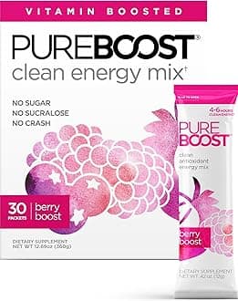 Pureboost Clean Energy Drink Mix + Immune System Support. Sugar-Free Energy with B12, Multivitamins, Antioxidants, Electrolytes (Berry Boost, 30 Count)