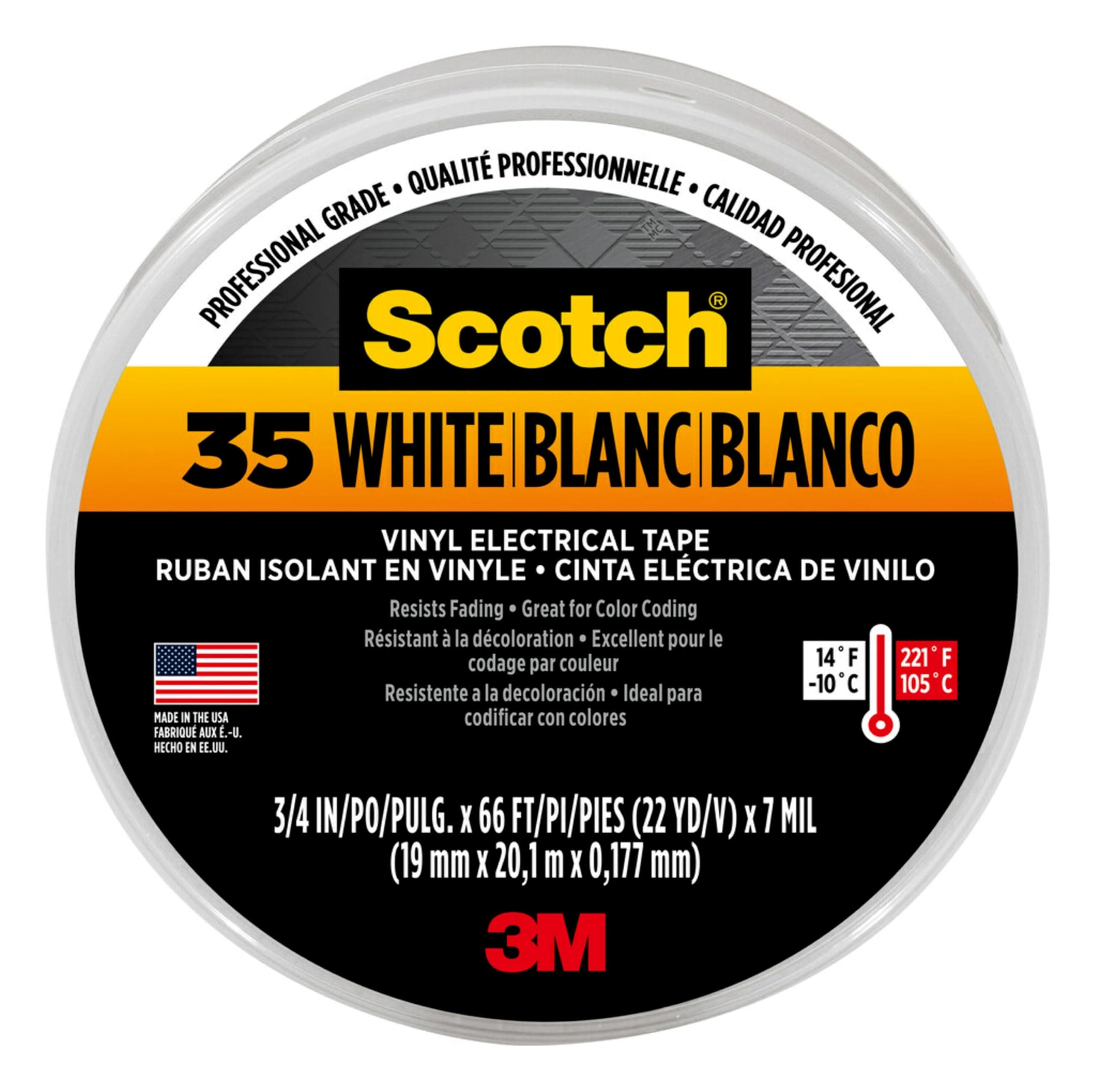 10828 Scotch 35 Vinyl Electrical Color Coding Tape, 3/4-Inch x 66ft, White