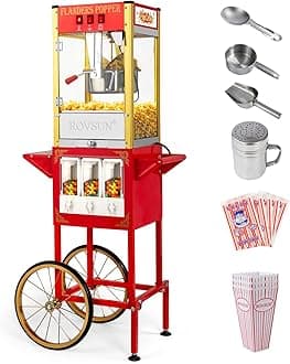 ROVSUN Popcorn Machine Cart with Candy Dispenser, 8 Oz Kettle Makes Up to 32 Cups ETL, Popcorn Maker w/Scoop, Oil Spoon, Bags & Cups, Movie Theater Style Popper for Commercial Home Party, Red