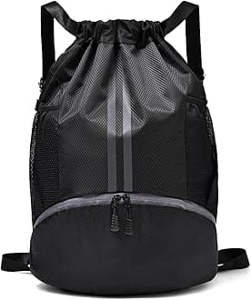 Black Drawstring Gym Bag for Men, Waterproof Drawstring Backpack for Women, Swim Bag with Shoes Compartment, Pull String Sport Bag for Soccer and Basketball.
