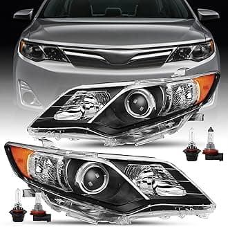 Headlight Assembly Fits For 2012 2013 2014 Toyota Camry L/Le/Xle/Hybrid/SE Driver and Passenger Side (Black Housing with Amber Reflector) w/Halogen Bulbs