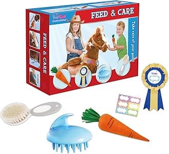 PonyCycle Horse Pony Toys Feed & Care Grooming Kit, 5 Piece Assortment. Groming Brush, Pet Brush, Carrot, Sticker, Name Tag for Boys and Girls, for Model E, U and Model X