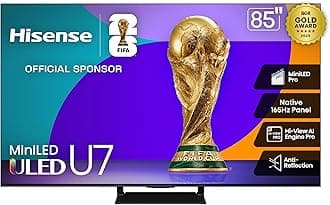 - 85" U7 Mini-LED ULED 4K UHD Best Premium Gaming Google Smart TV (85U75QG, 2025 Model) - QLED, Native 165Hz, VRR 288, Up to 3000 Nits, HDR10+, Dolby Vision IQ · Atmos, IMAX Enhanced, 2.1.2 Ch