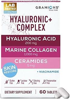 Hyaluronic Acid Supplements 200mg - Marine Collagen Peptides, Vitamin B3 Niacinamide, Ceramides Supplement - Deep Hydration & Anti-Aging Skin Care Complex for Women and Men - 60 Foil Sealed Tablets