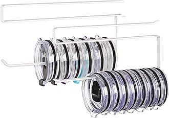 2 Pack Tumbler Lid Organizer, Horizontal Tumbler Lid Storage Hook Up to 20 Lids, Space Saving Cup Lid Holder Under Cabinet Tumbler Lid Hook for Kitchen Organizer, Paper Towel Hanger(Round&Flat, White)