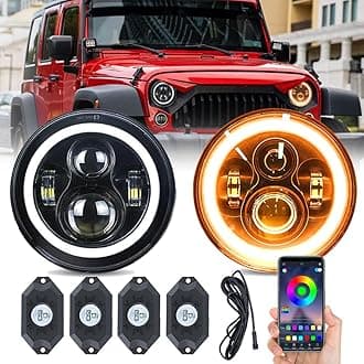 JHLionwrangler headlights（Black）+ RGB Rock lights 1000% Brighter LED lights Compatible with 2007-2017 Wrangler 7 Inch Halo headlights JK JKU LJ TJ CJ