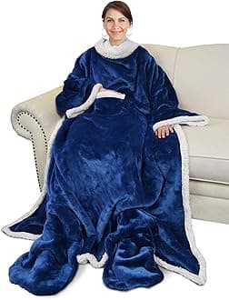 Catalonia Sherpa Wearable Blanket with Sleeves & Foot Pockets for Adult Women Men, Comfy Snuggly Wrap Sleeved Throw Blanket Robe, Gift Idea, Blue