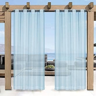 Outdoor Curtain for Patio, Blue Linen Look Semi-Sheer Curtains Waterproof Light Filtering Voile Outside Grommet Drapes for Pergola Balcony Pool Indoor 2 Panels, W100 x L108