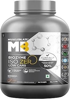 MuscleBlaze Biozyme Iso-Zero, Low Carb, 100% Pure Whey Protein Isolate with USA Patent-Published Enhanced Absorption Formula (EAF®), 27 g Pure Isolate Whey Per Scoop (Cookies & Cream, 2 kg / 4.4 lb)