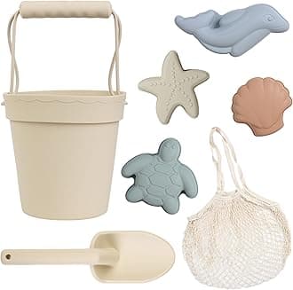 BLUE GINKGOSilicone Beach Toys - Modern Baby Travel Friendly Beach Set | Bucket, Shovel, 4 Sand Molds, Bag | Sand Toys for Toddlers, Kids - 7pc (Beige)