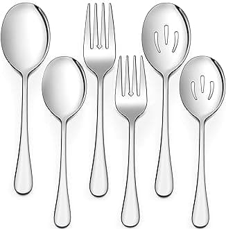 LIANYU 6-Piece Serving Spoons and Forks, 8 3/4 Inch Stainless Steel Buffet Catering Party Banquet Serving Spoon Fork Set, Mirror Finished, Dishwasher Safe