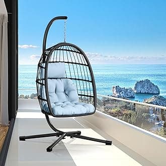 CHABATREE Egg Chair with Stand,Patio Rattan Wicker Hanging Swing Egg Chair Hammock Chair for Bedroom Porch Garden,Thickened Aluminum Alloy Steel Frame and UV Resistant Cushion,350LBS Capacity